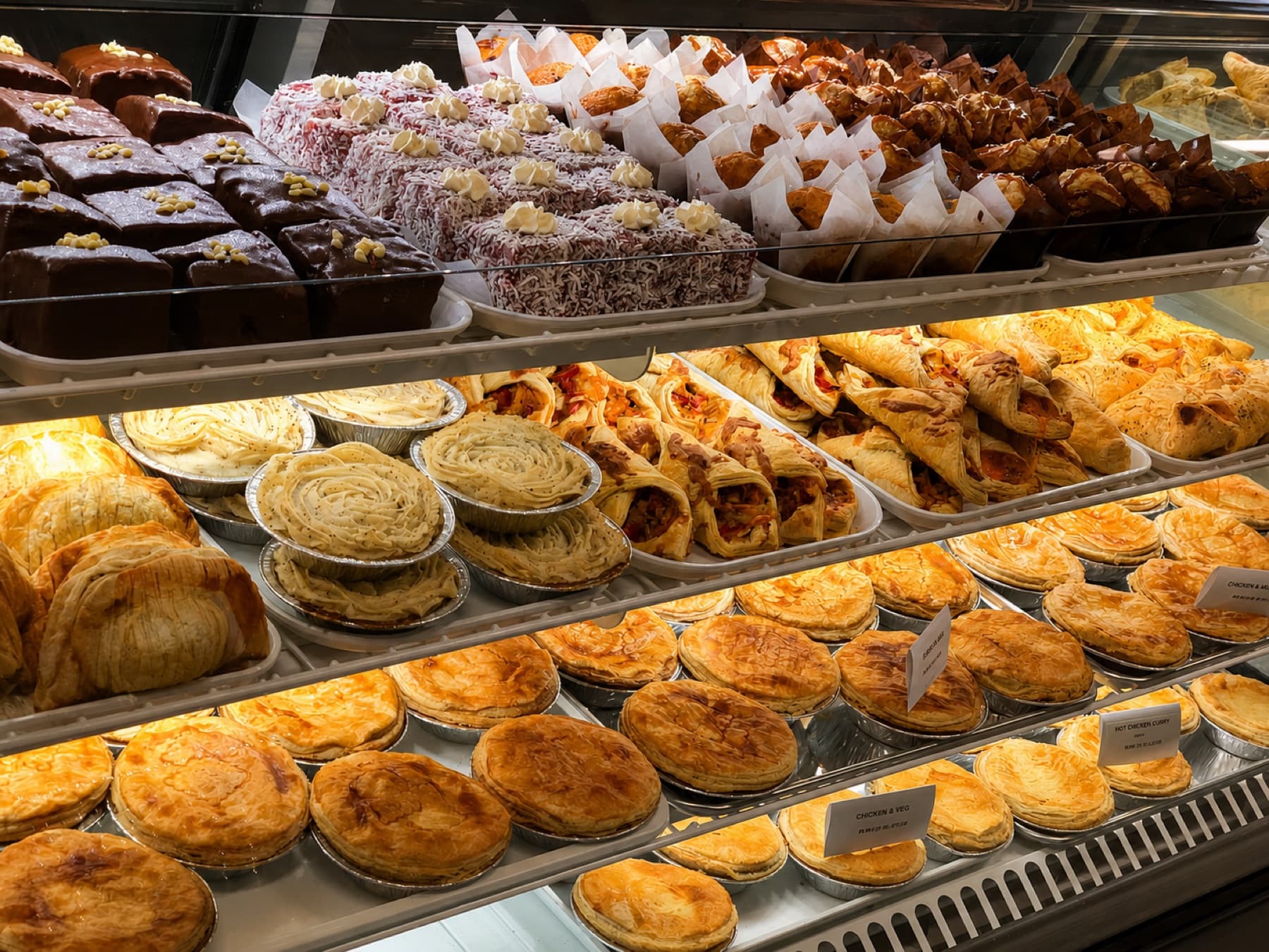 The British Pride Bakery display case laden with cakes, savouries and pies