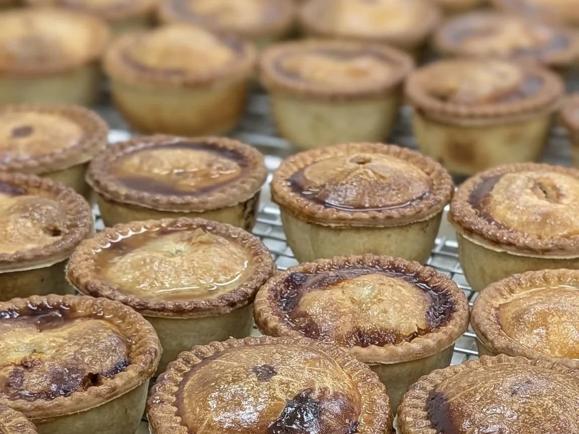 Rows of whole pork pies cooling on a bakery rack.