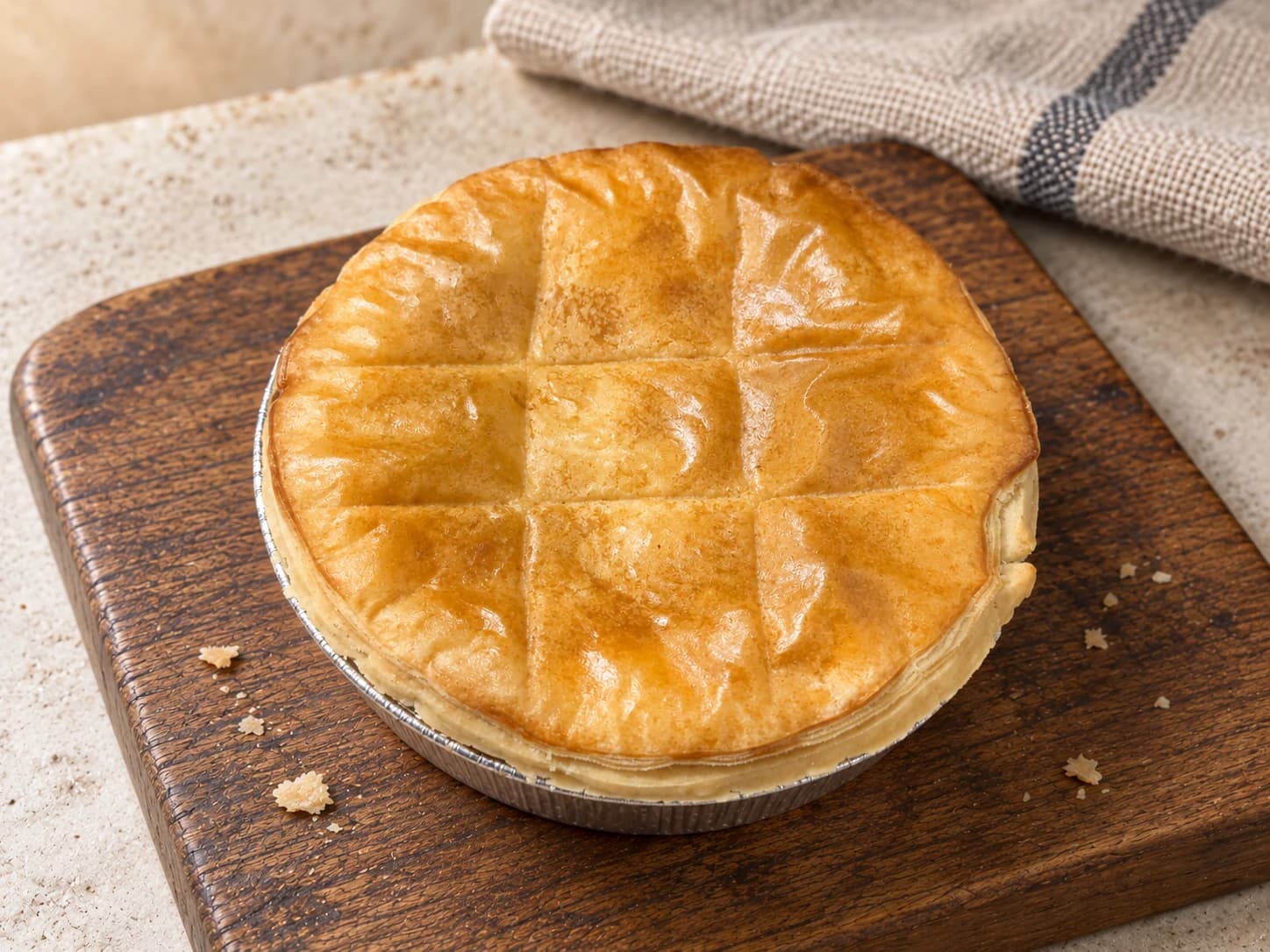Pie with two horizontal and two vertical scores across its lid, in a foil case on a wooden board.