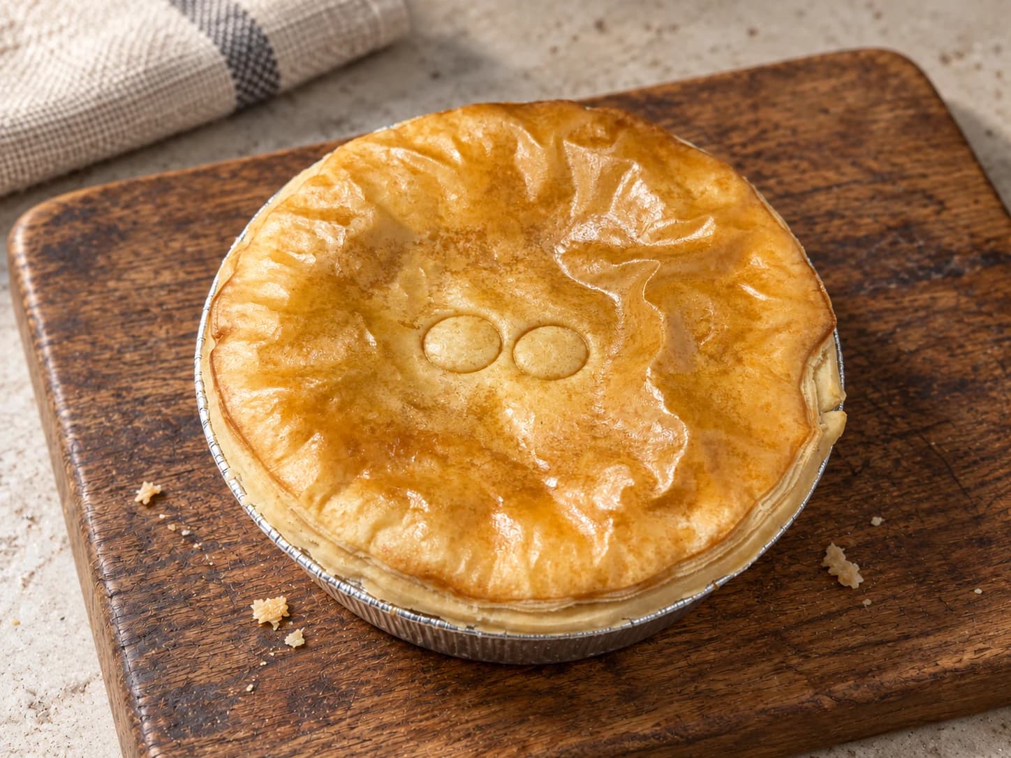 Pie with two small ring impressions in its lid, in a foil case on a wooden board.