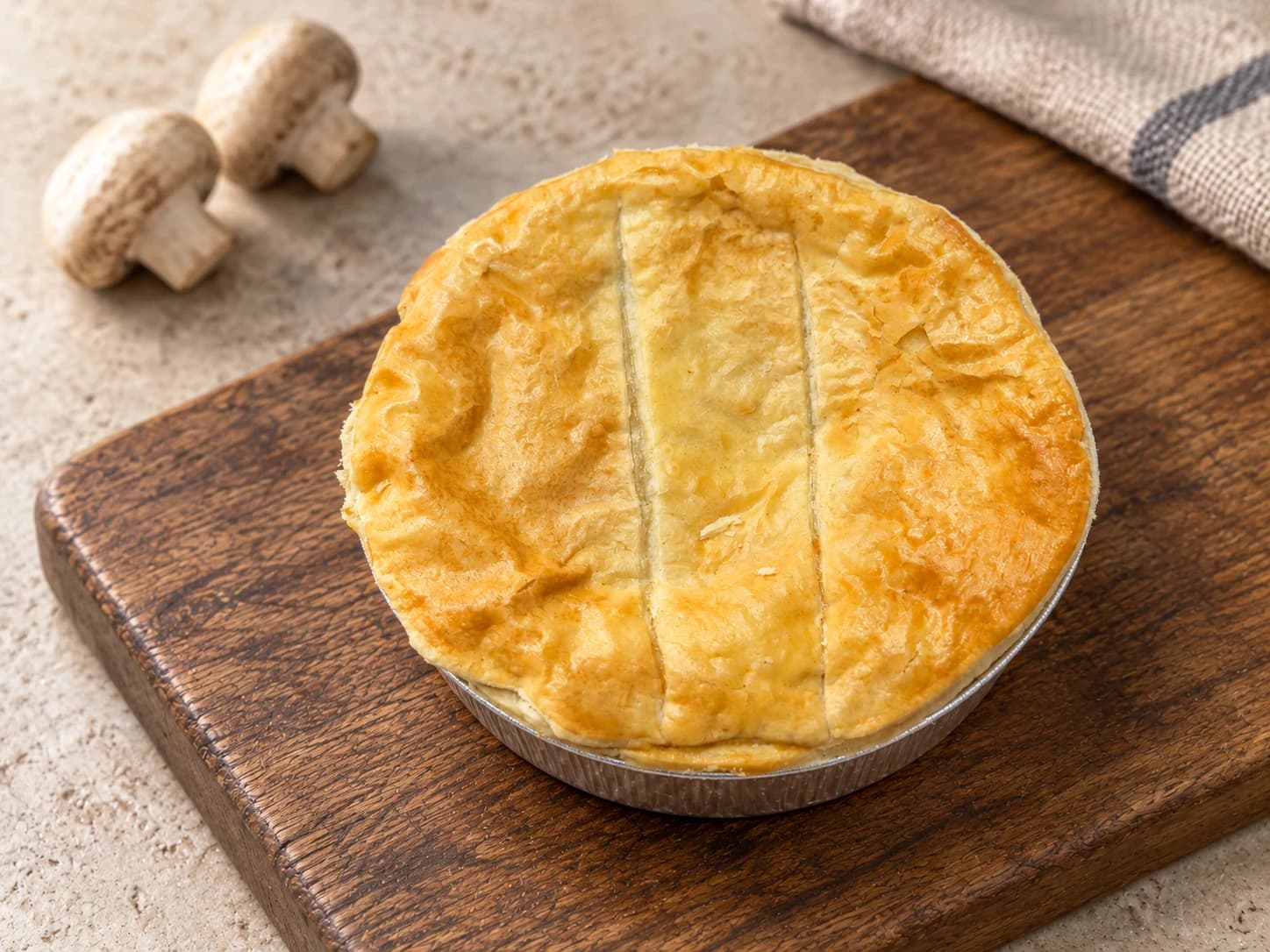 Pie with two parallel scores in its lid, in a foil case on a wooden board beside mushrooms.