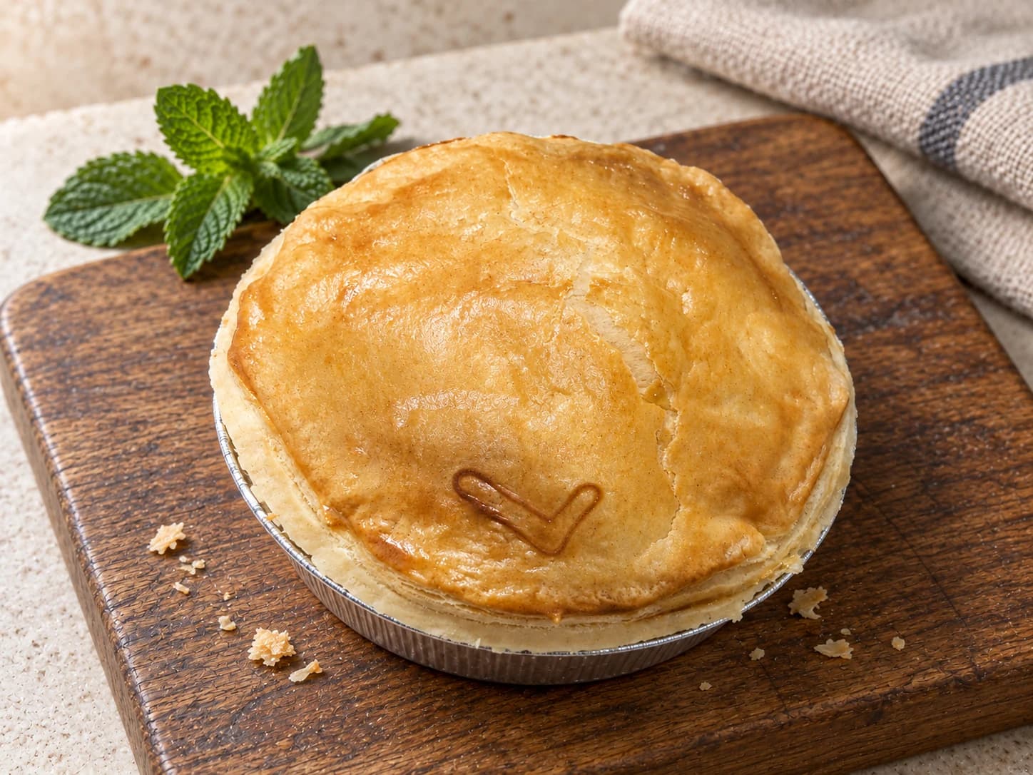 Pie with a small rounded L-shaped impression in its lid, beside a sprig of mint on a wooden board.