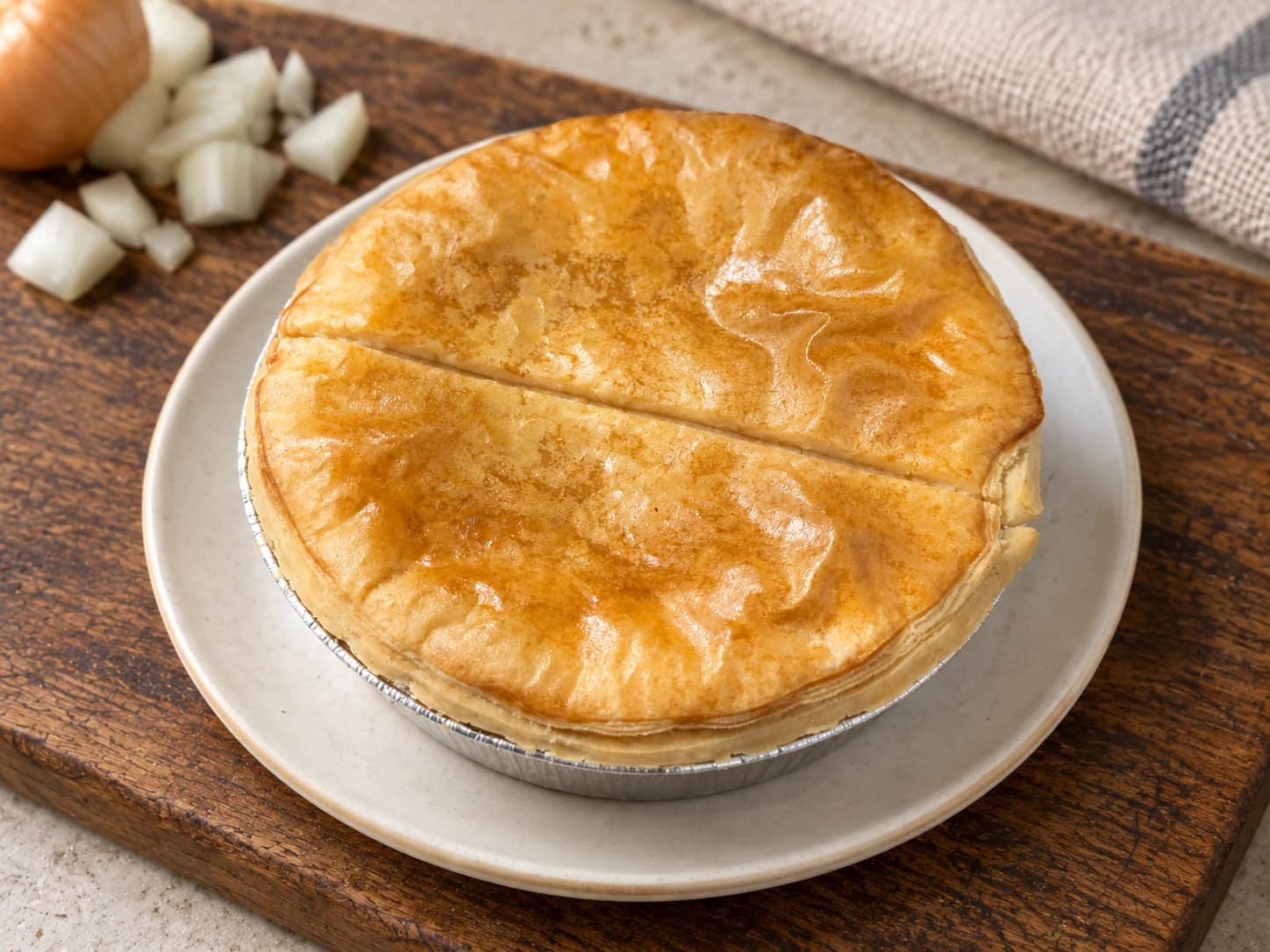 Pie with a single score across its lid, on an ivory plate beside chopped onion.