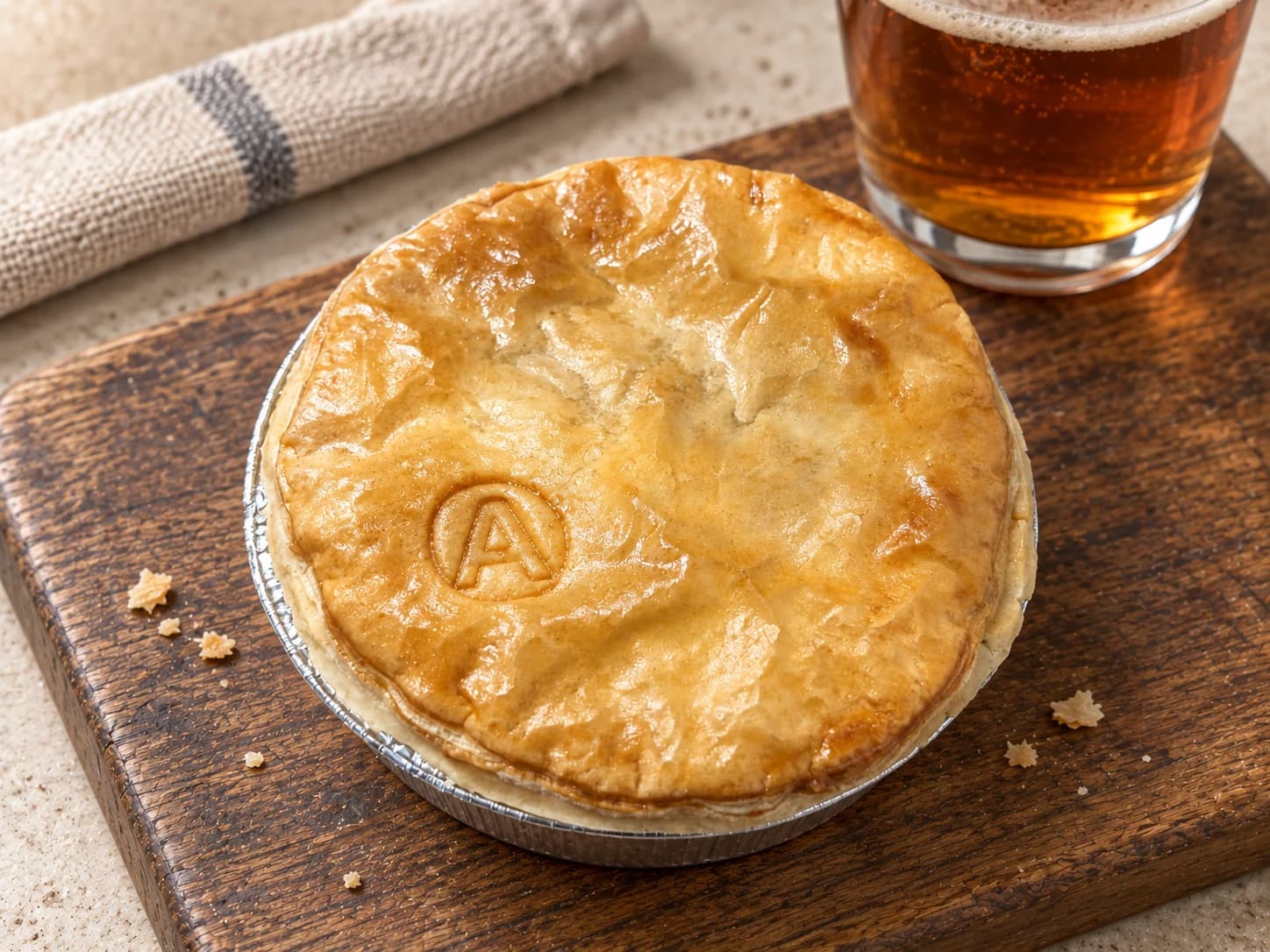 Pie with an A-shaped impression, in a foil case on a wooden board with a glass of ale behind.