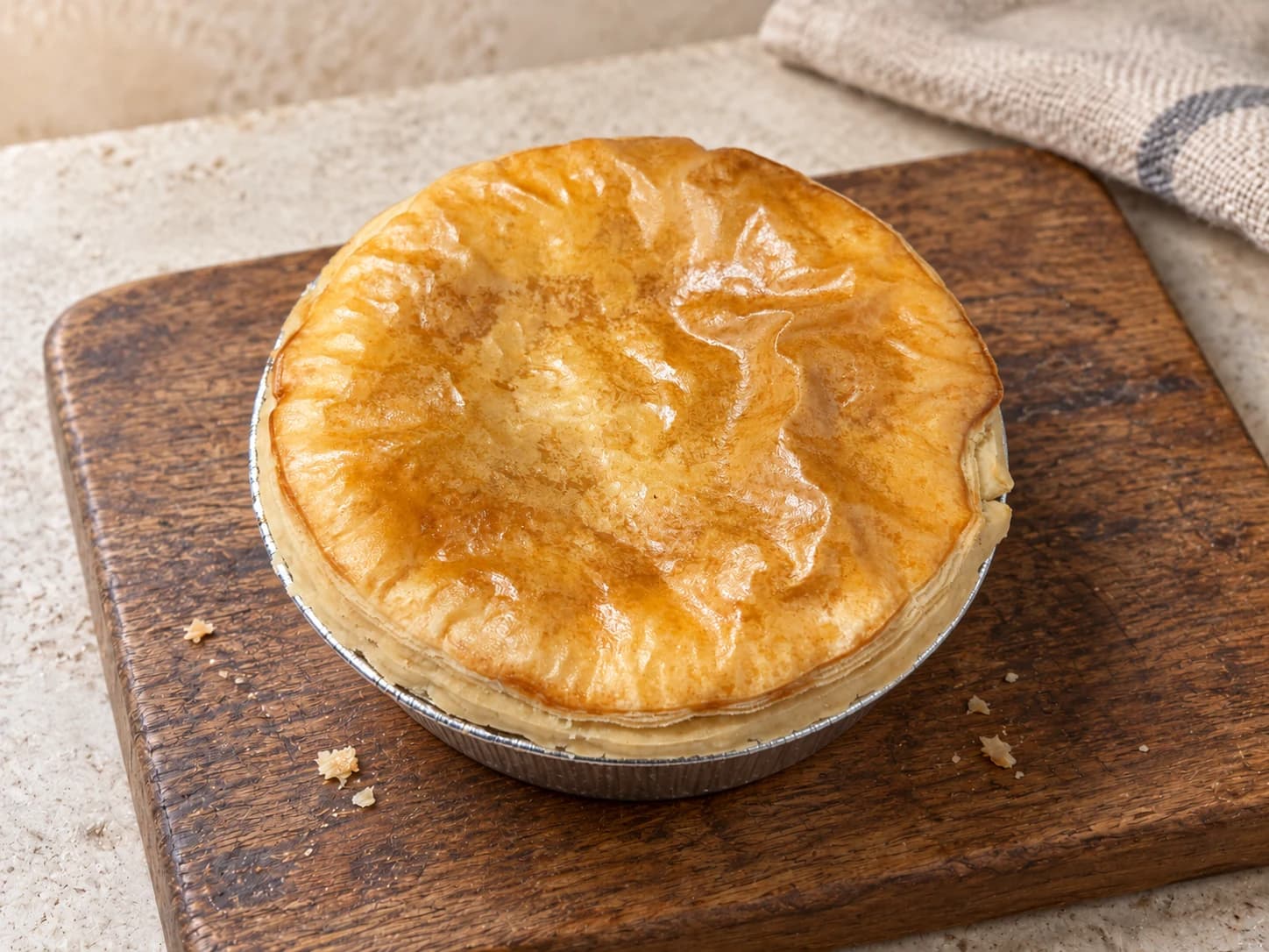 A golden steak and gravy pie in a foil case.
