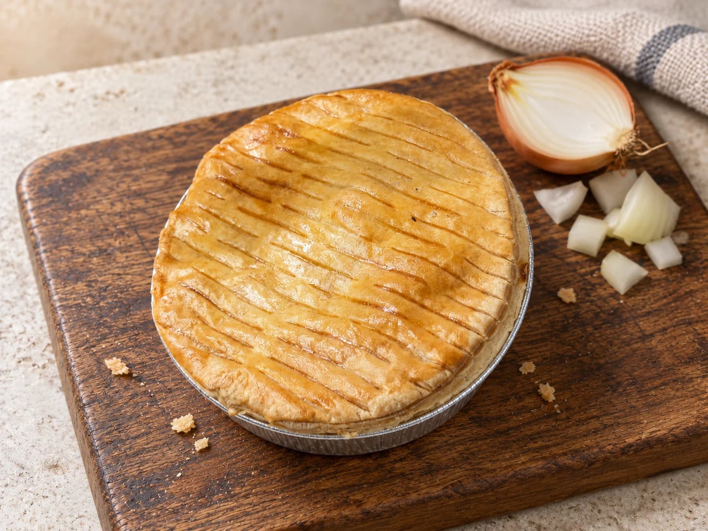 Pie with closely spaced parallel scoring, beside a brown onion and chopped onion on a wooden board.
