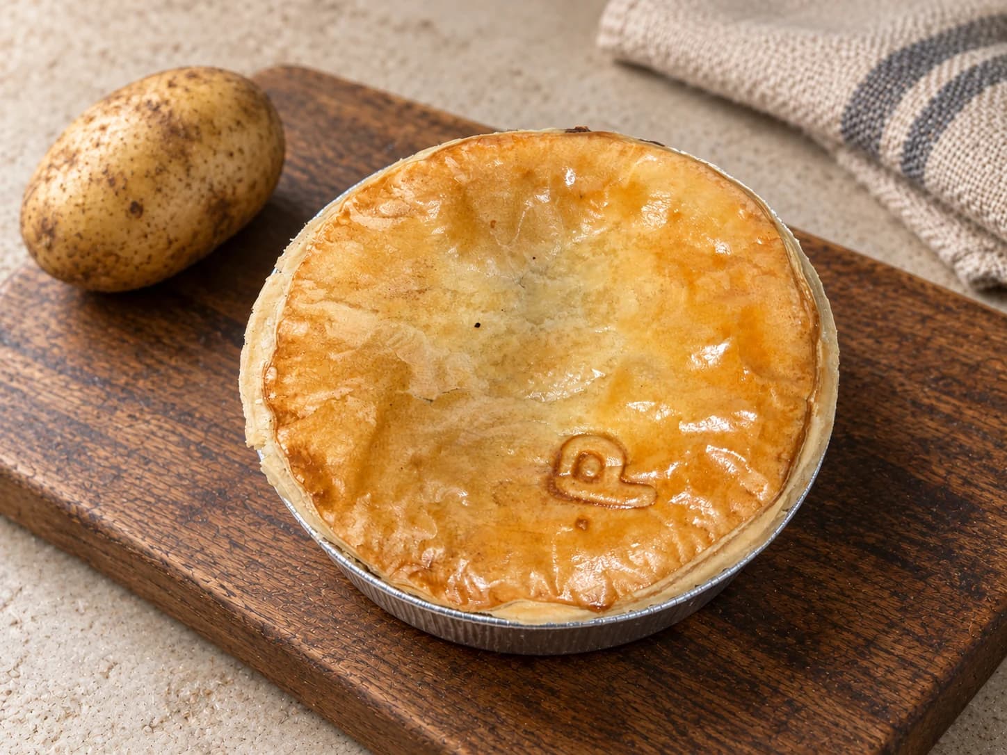 Pie with a small P-shaped impression in its lid, in a foil case on a wooden board beside a potato.