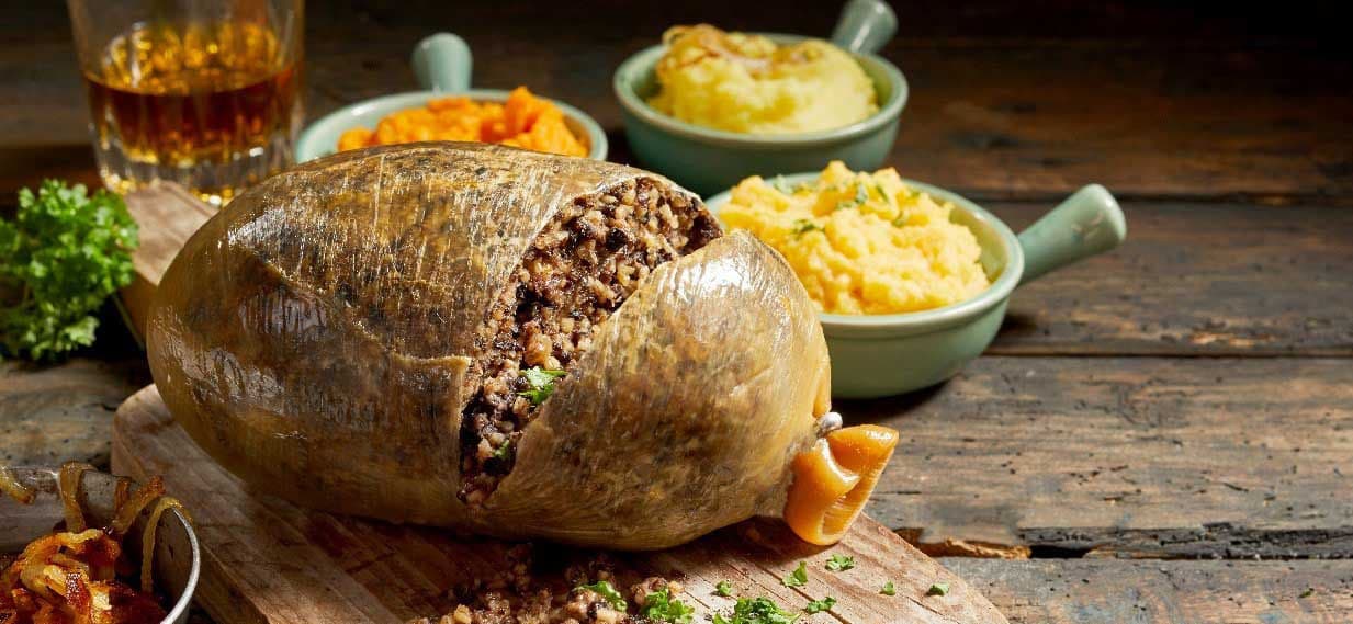 A traditional Burns Night haggis with neeps, tatties and a dram