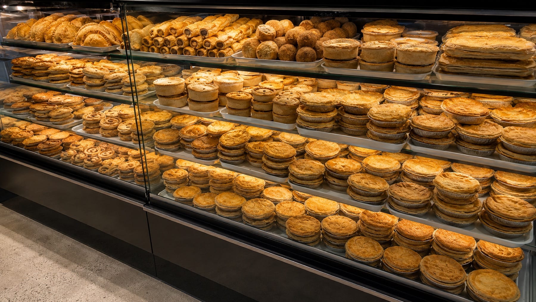 The British Pride Bakery counter, laden with freshly baked pies, pasties and sausage rolls