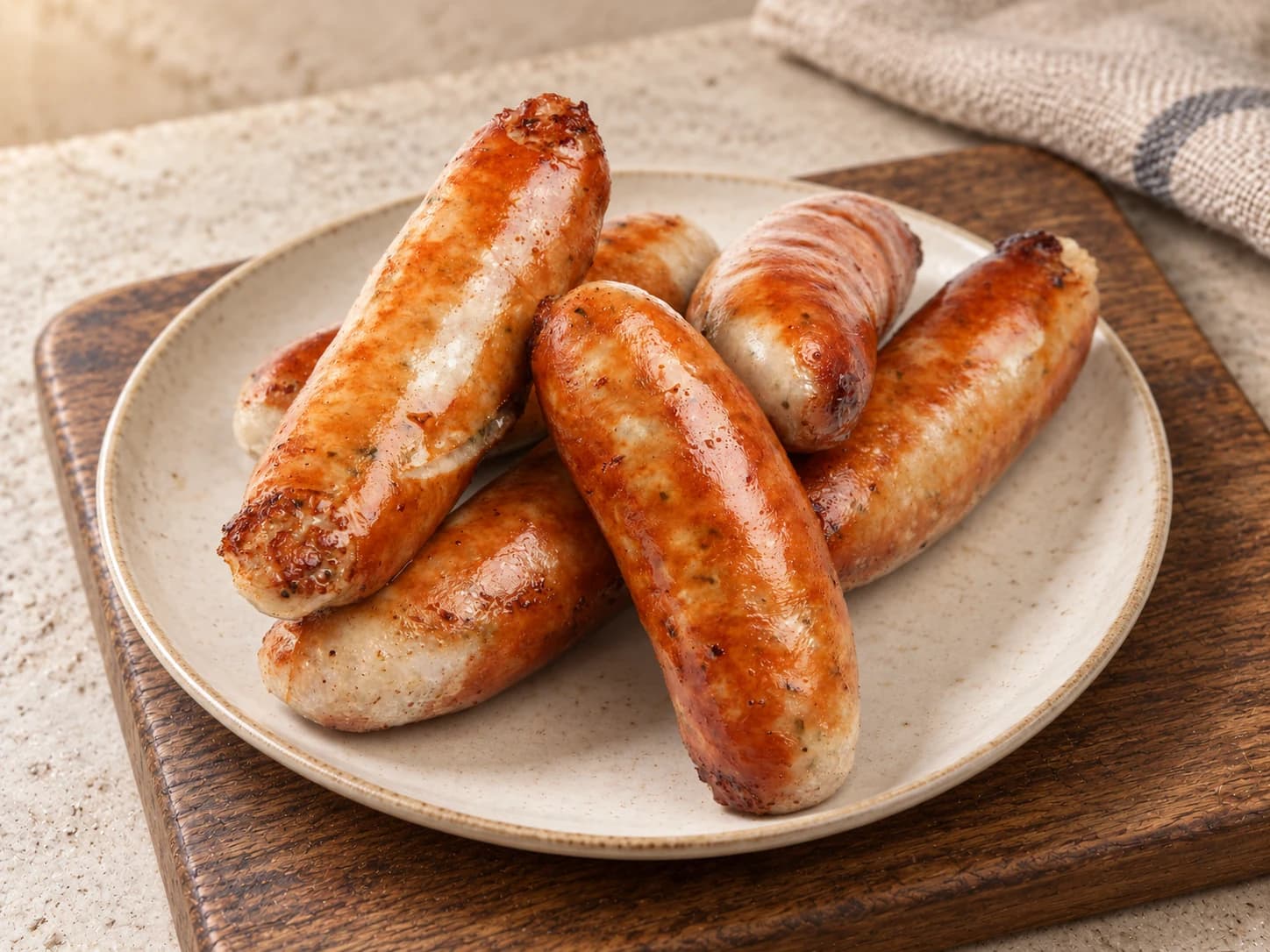 Cooked pork bangers on an ivory plate and wooden board, with folded linen behind.