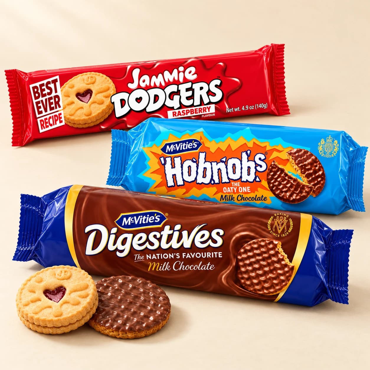 Jammie Dodgers, McVitie’s chocolate Hobnobs and chocolate Digestives with three biscuits on a cream tabletop.