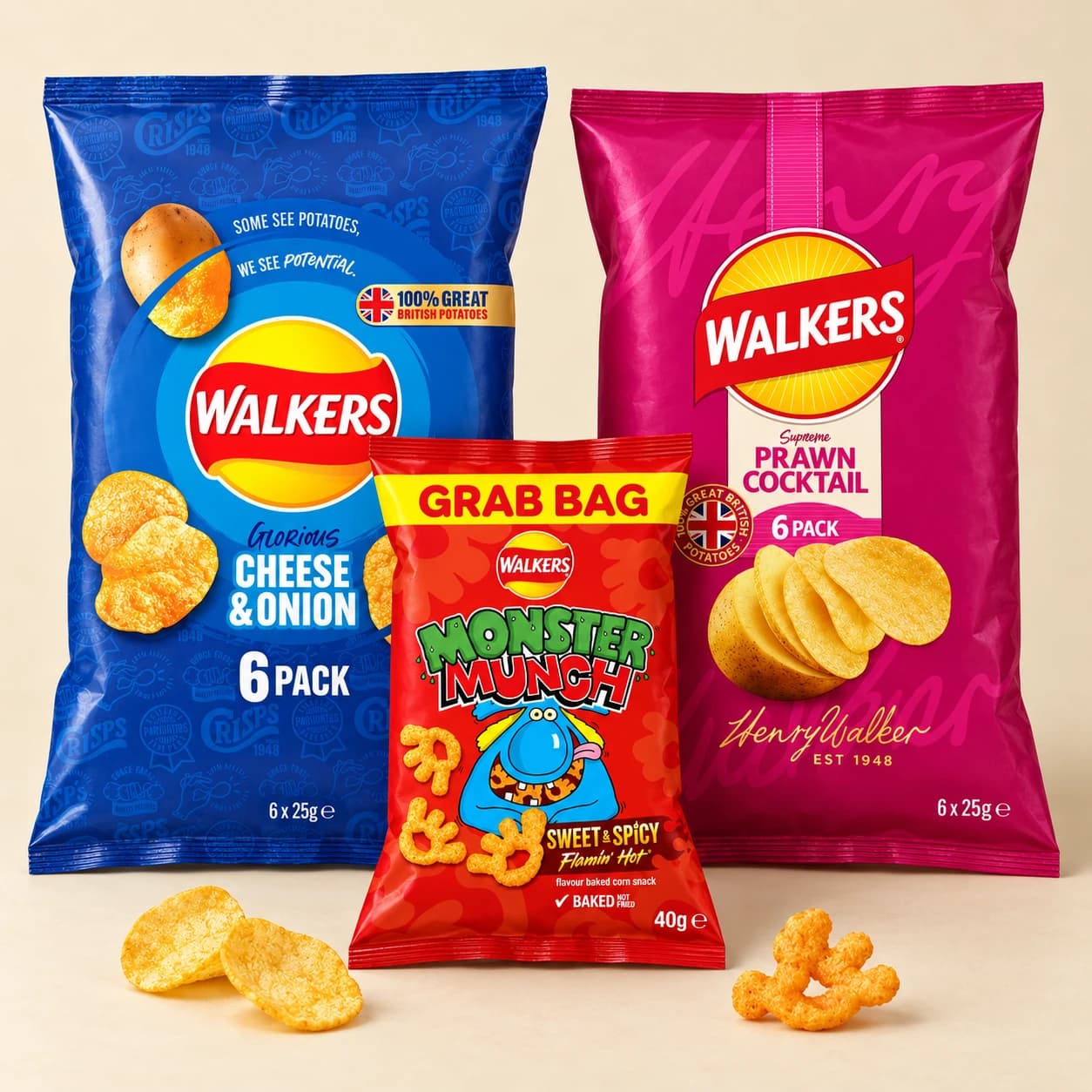 Walkers Cheese and Onion and Prawn Cocktail multipacks with a Monster Munch packet and loose crisps on a cream tabletop.