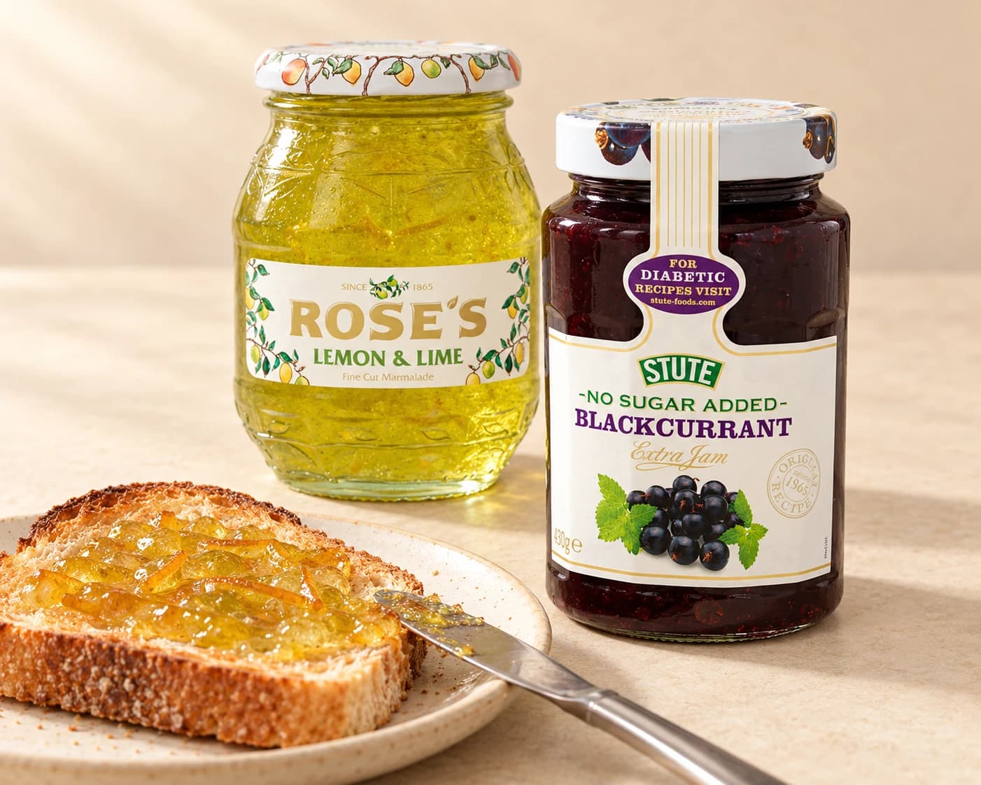 Rose’s Lemon and Lime Marmalade and Stute Blackcurrant Jam jars beside marmalade toast and a spreading knife.