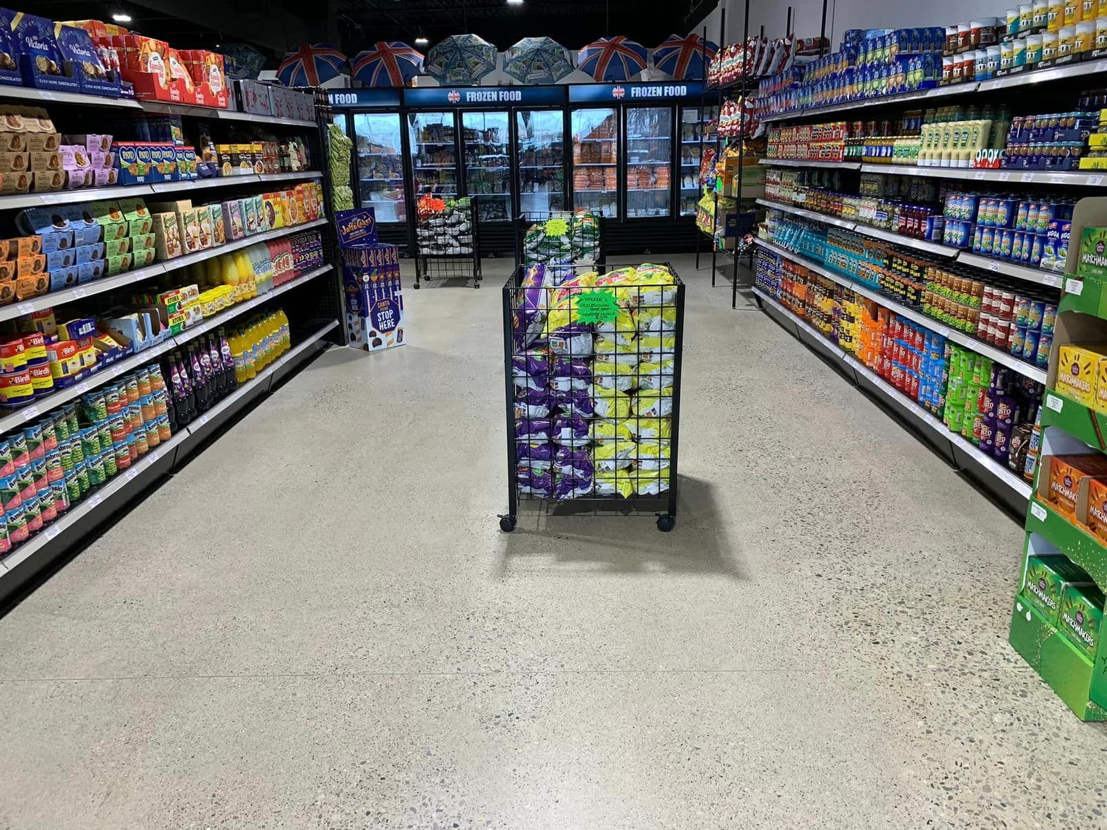 Aisles of imported British groceries — teas, biscuits, sauces and sweets — at British Pride Bakery