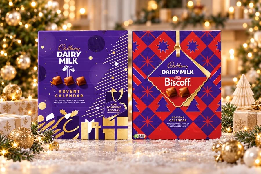 Cadbury Dairy Milk and Biscoff chocolate Advent calendars in a warm Christmas setting.