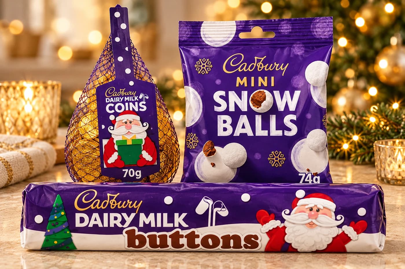 Cadbury Dairy Milk Buttons, chocolate coins and Mini Snow Balls in a warm festive setting.