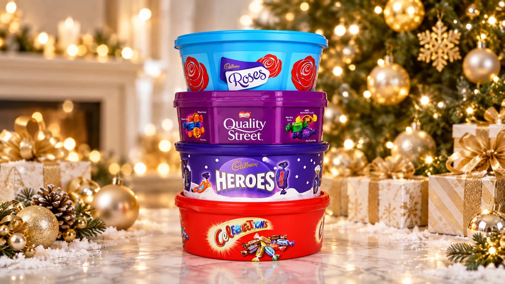 Roses, Quality Street, Heroes and Celebrations chocolate tubs beside a Christmas tree and wrapped gifts.
