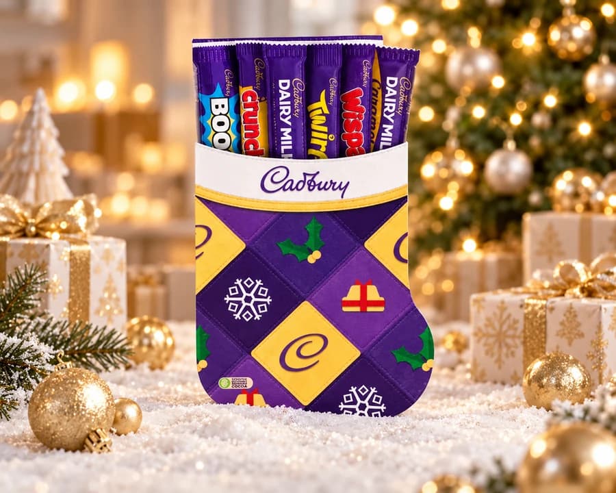 A Cadbury Christmas stocking holding Dairy Milk, Wispa, Twirl, Crunchie and Boost bars.