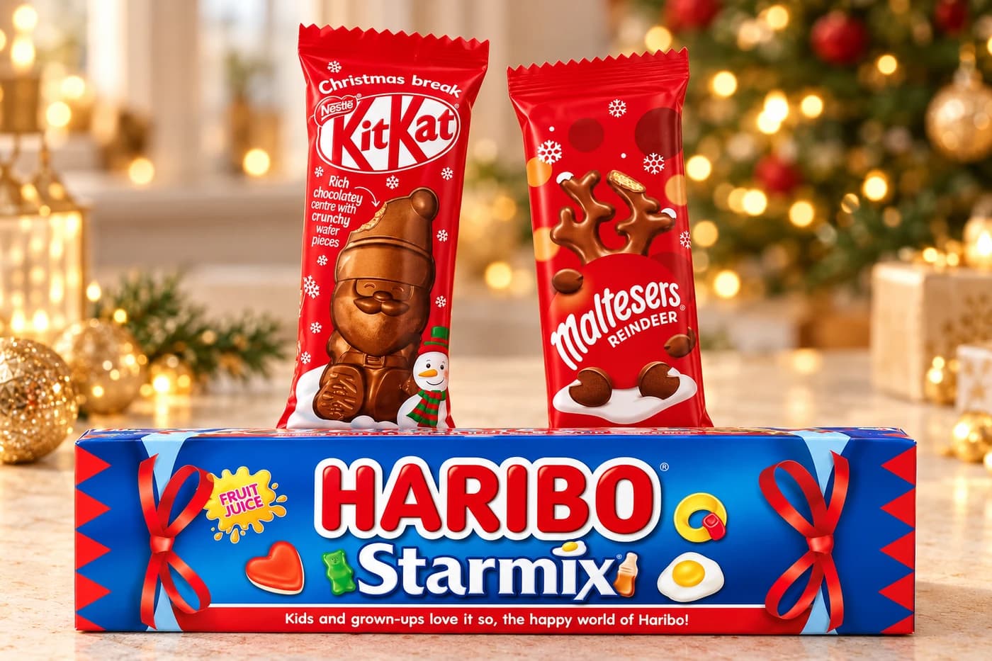 KitKat Santa, Maltesers Reindeer and a Haribo Christmas cracker arranged as stocking fillers.
