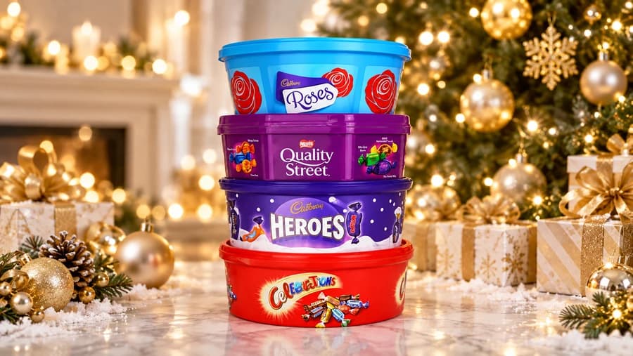 Roses, Quality Street, Heroes and Celebrations chocolate tubs beside a lit Christmas tree, wrapped gifts and gold decorations.