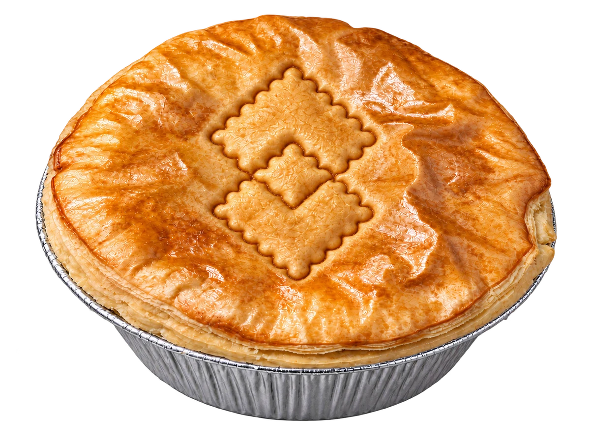 Chicken & Leek pie, with two large, frilly-edged diamonds