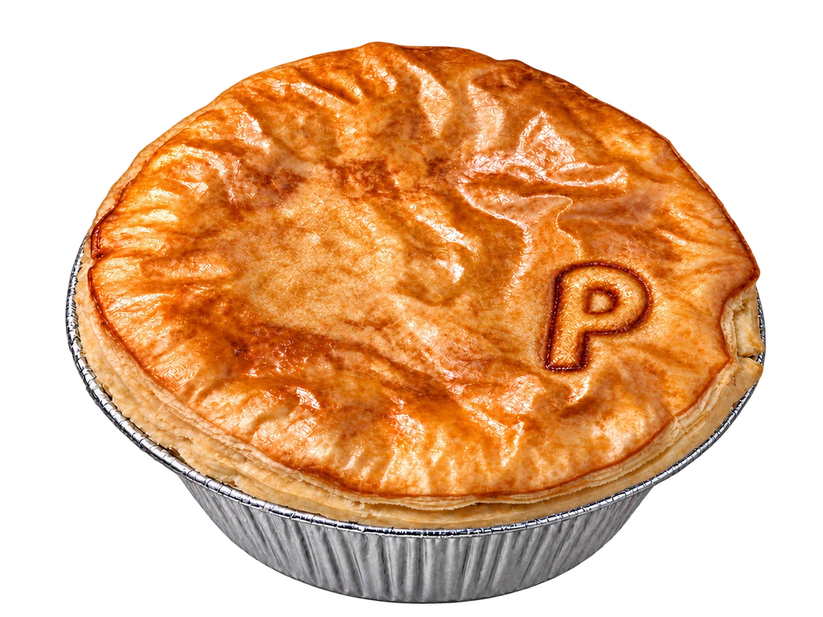Steak & Potato pie, with the letter p near the edge