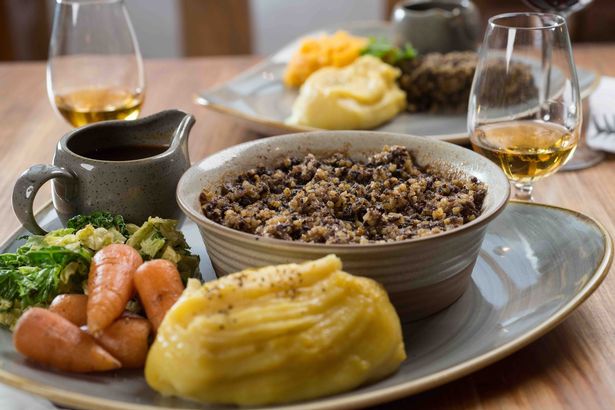 A traditional Burns supper — haggis with neeps, tatties and a dram of whisky
